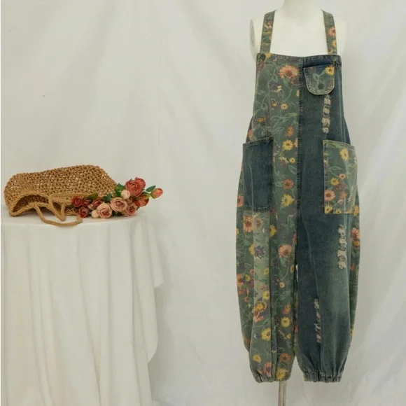 Women Print Floral Denim Overalls Casual Loose Size M Jumpsuit Wide Leg Pants - Picture 15 of 15